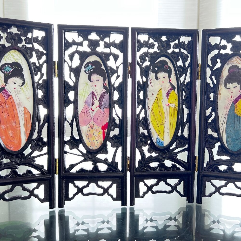 Vintage Tabletop Folding Screen 2 Sided Asian Art Carved Wood Painted Porcelain